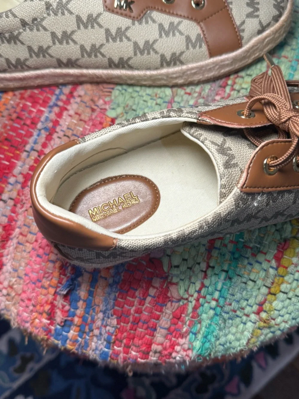 🤎▫️ Michael Kors Bryson Beige Canvas MK Logo Sneakers Brown Trim espadrille ▫️🤎
